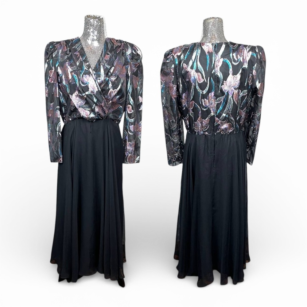 Vintage 80s Disco Metallic Maxi Dress Medium Cocktail Evening Retro‎ Party Gown